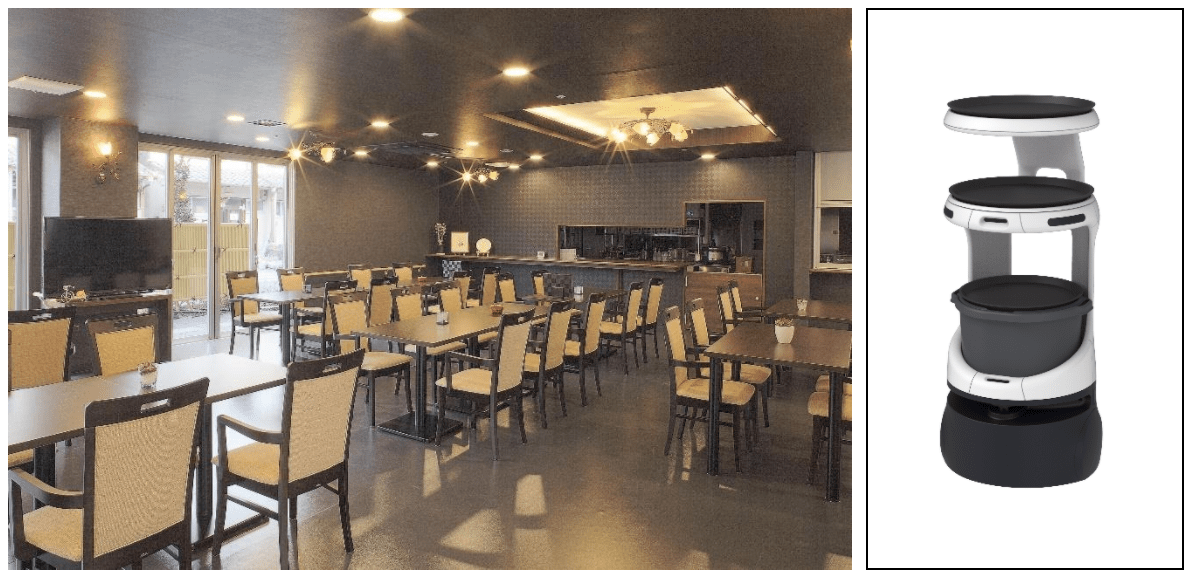 「グランメゾン迎賓館京都嵐山」食堂(左)/配膳・運搬ロボット「Servi(サービィ)」(右)