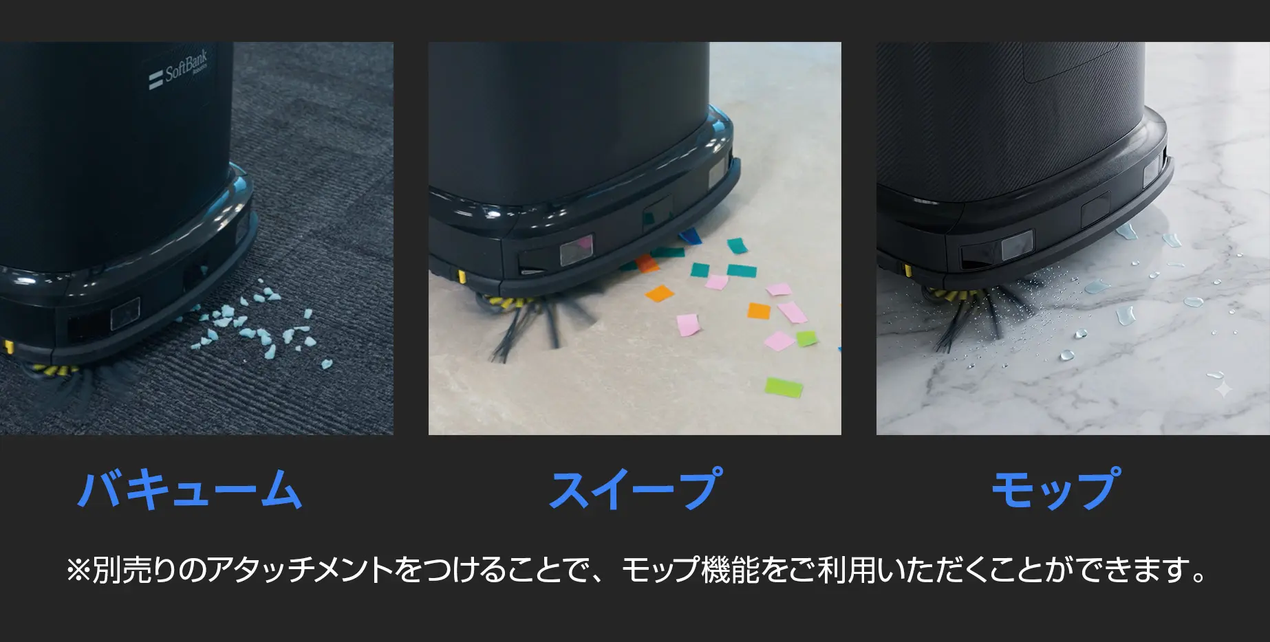 「吸引」「掃き掃除」「モップ」の３つの清掃モードを搭載。特に、吸引モードでは今まで清掃の難しかった壁際も清掃可能。