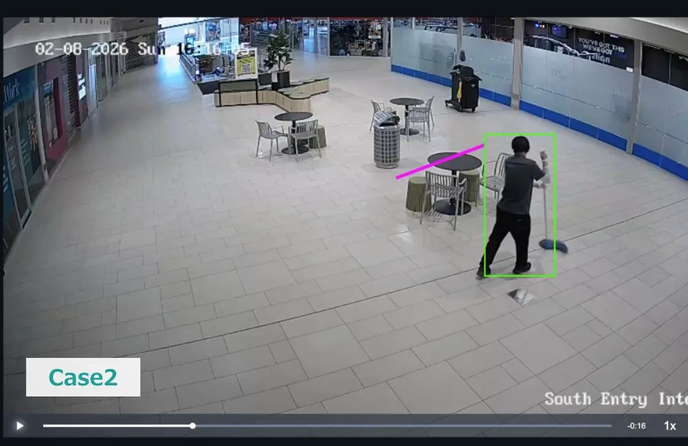 状況：清掃員が水濡れを清掃しているが、清掃中看板を出していない​